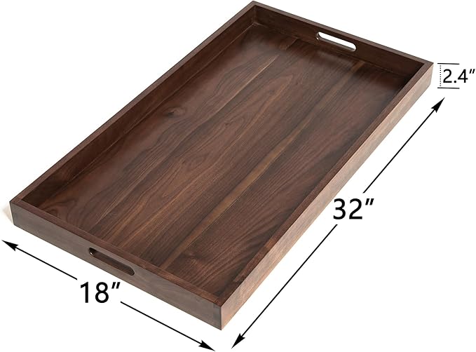 32"x18" XXL Wooden Ottoman Tray with Handle FSC Natural Handmade Rectangle Black Walnut Serving Tray Vintage Decorative Platters for Oversized