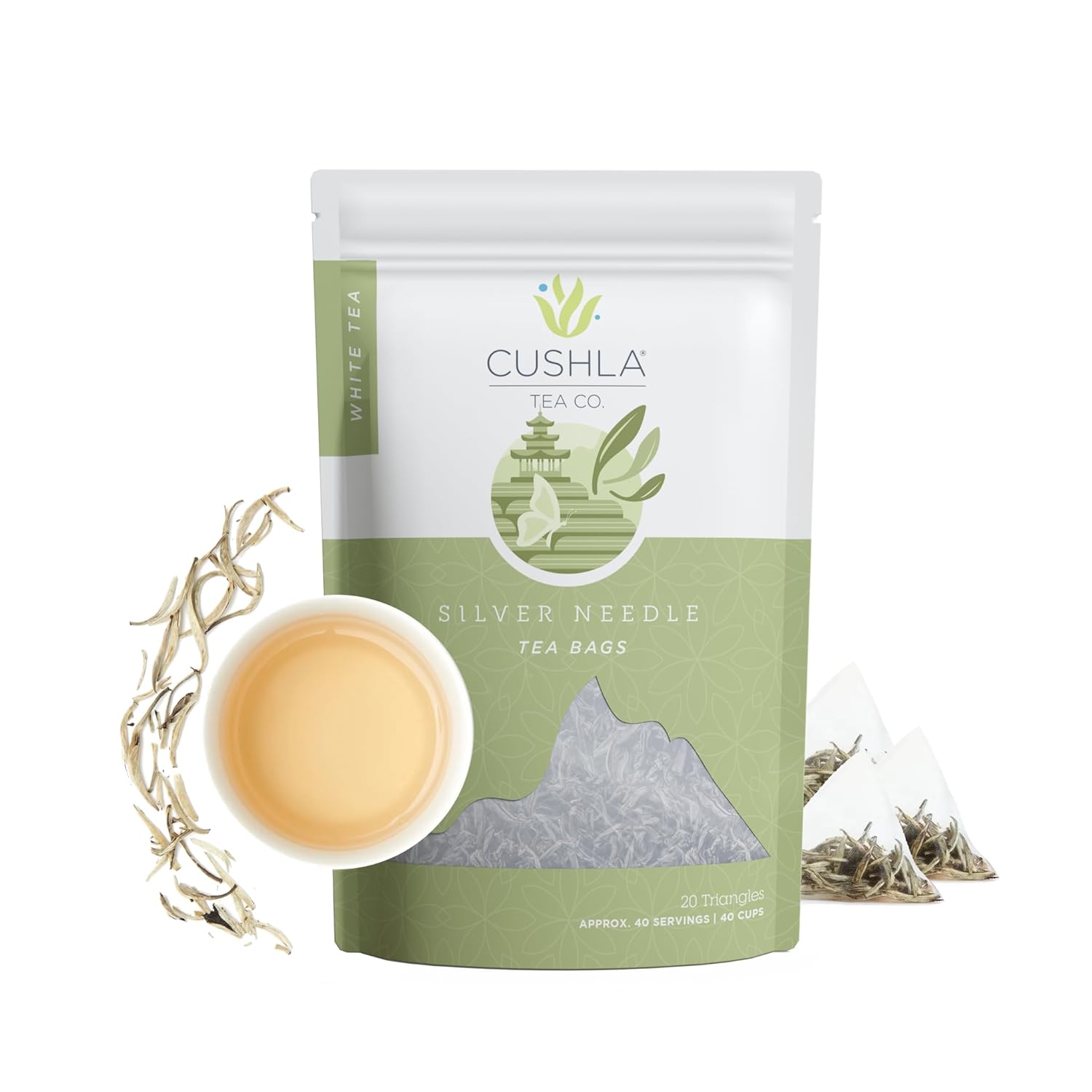 Premium White Silver Needle Tea Bags - Bai Hao Yinzhen Tea Triangles - Chinese Silver Tip White Tea - Low Caffeine Level