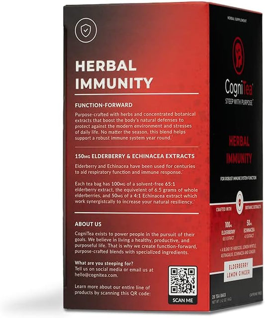 CogniTea Herbal Immunity Tea - Immune System Booster - 100mg High- Potency Elderberry, 50mg Echinacea, Lemon, & Ginger Organic Herbal Tea Bags - Caffeine Free Immunity Boost