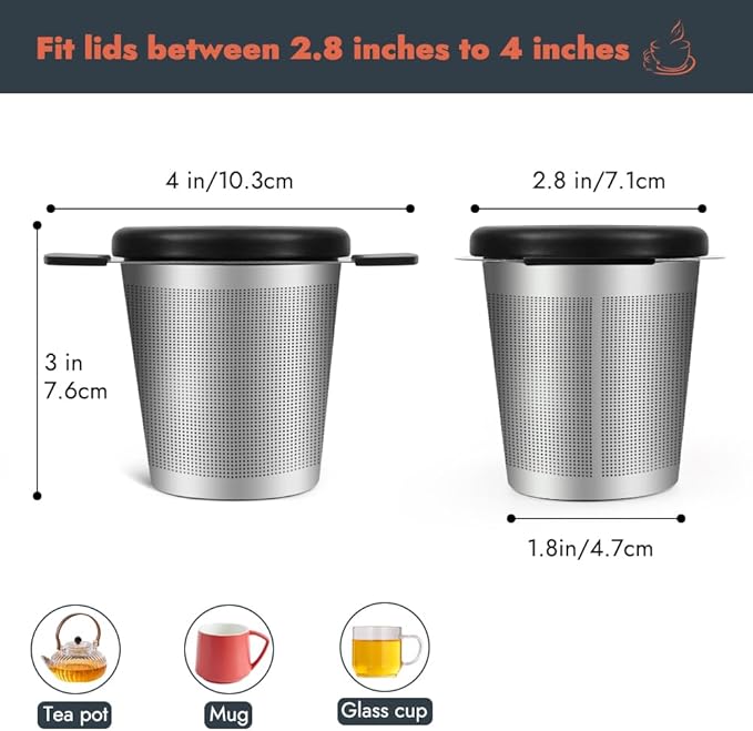 2pcs Tea Infuser for Loose Leaf Tea, Stainless Steel Tea Steeper with Heat Proof Handle, Extra Fine Mesh Tea Strainer, Gift for Tea Lovers (Black