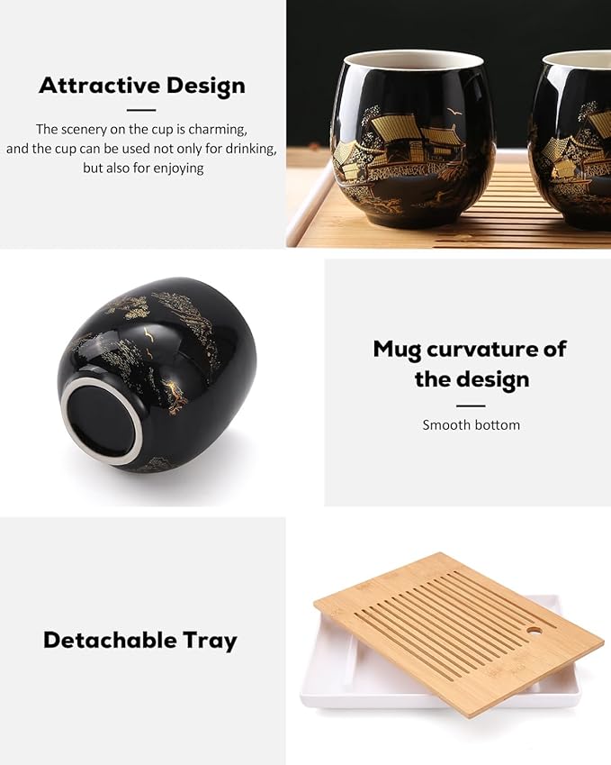 Dujust Japanese Tea Set, Black Porcelain Tea Set with 1 Teapot Set, 6 Tea Cups, 1 Tea Tray, 1 Stainless Infuser, Beautiful Asian Tea Sets for Adults