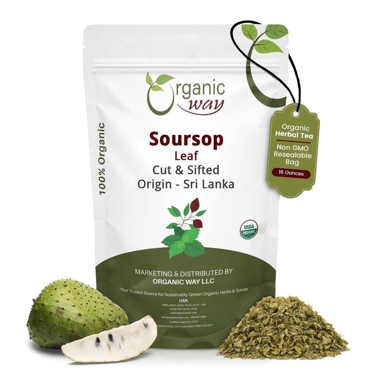Organic Way Dried Soursop Leaf Coarse Cut - Herbal Tea (16 Oz)