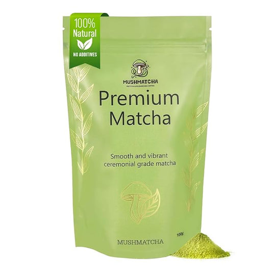 MushMatcha Premium Ceremonial Matcha Powder Grade 5A – Organic Green Tea for Lattes, Smoothies & Baking, Stone-Milled Pure Jade Leaf Blend, Unsweetened Formula with Smooth Taste, 100g Resealable Pouch