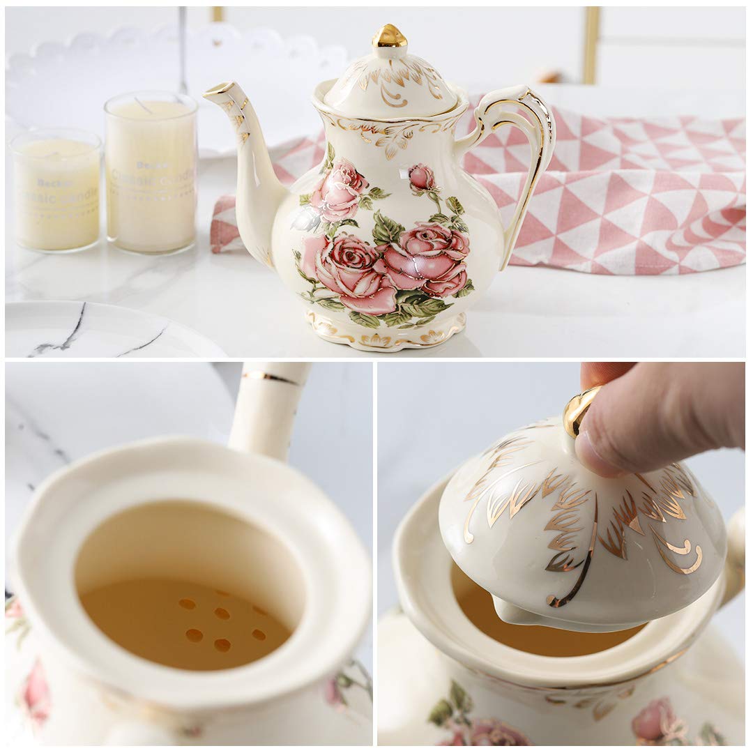 YOLIFE Small Pink Rose Teapot, 25 OZ / 2 Cup Vintage Porcelain Tea Pot