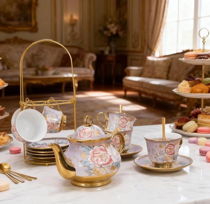 CHANJOON Gold Plated Red Rose Ceramic Tea Set, Vintage Tea Sets with Teapot, Beautiful Tea Set Coffee Serving 6 People (Purple, X Large)