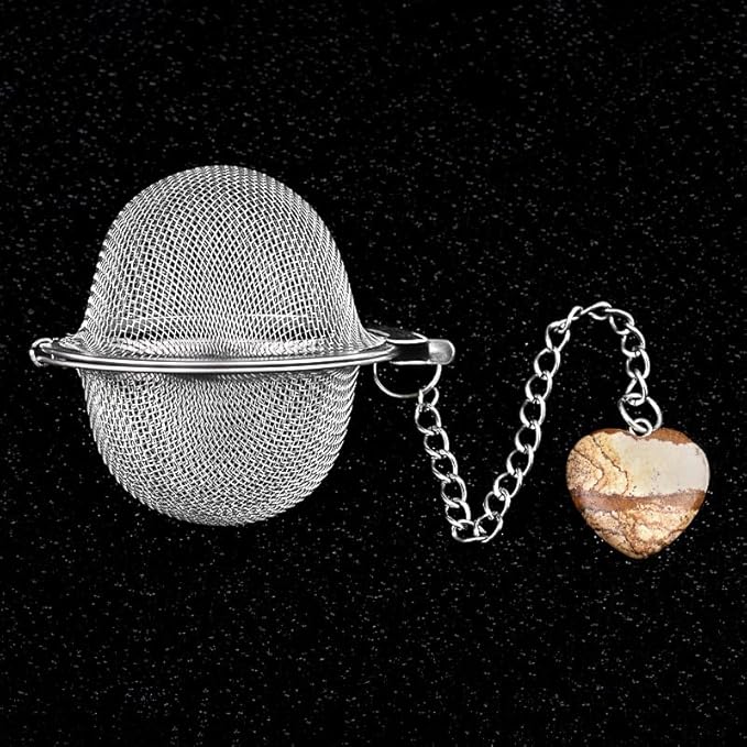 5 Pcs Tea Filter Stainless Steel with Heart Crystal Energy Stone Tea Strainers with Fine Mesh Extend Chain Hook Tea Ball Infuser for Loose Tea Leaves
