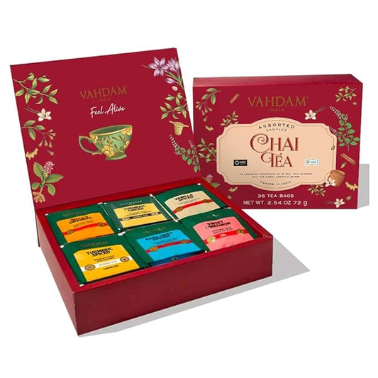 VAHDAM, Assorted Chai Tea Variety Pack (6 Delicious Flavors, 36 Eco Friendly Pyramid Tea Bags) Caffeinated, Gluten Free, Non GMO | Indian Masala Chai Tea Blends | Tea Gift Sets for Men and Women