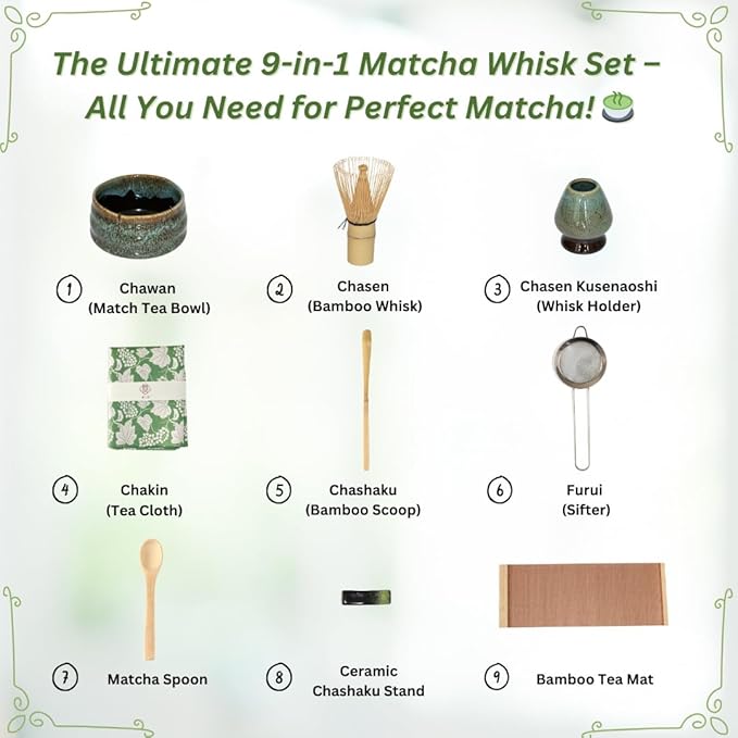 Annie & Mia Design Matcha Whisk Set (9pcs), Japanese Tea Matcha Set includes Ceramic Matcha Bowl, Bamboo Matcha Whisk (Chasen), Ceramic Whisk Holder, Bamboo Matcha Scoop (Chashaku), Blue