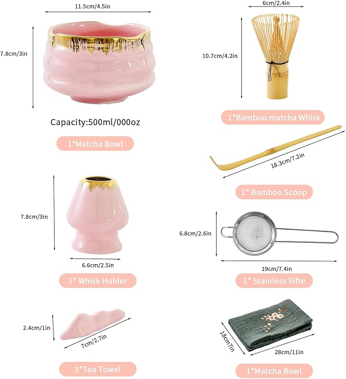 7-Piece Matcha Set: Matcha Bowl + Bamboo Whisk Kit, Ceremonial Matcha Whisk Tools with Golden Texture Details, Japanese Tea Ceremony Starter Kit