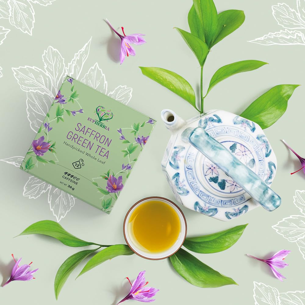 Eupherbia Saffron Green Tea, Handpicked, Highland Grown Whole Leaf Tea, Enriched with Premium Saffron Threads, Herbaceous, Grassy, Bittersweet, Individually Wrapped Tea Sachets (2 Pack)