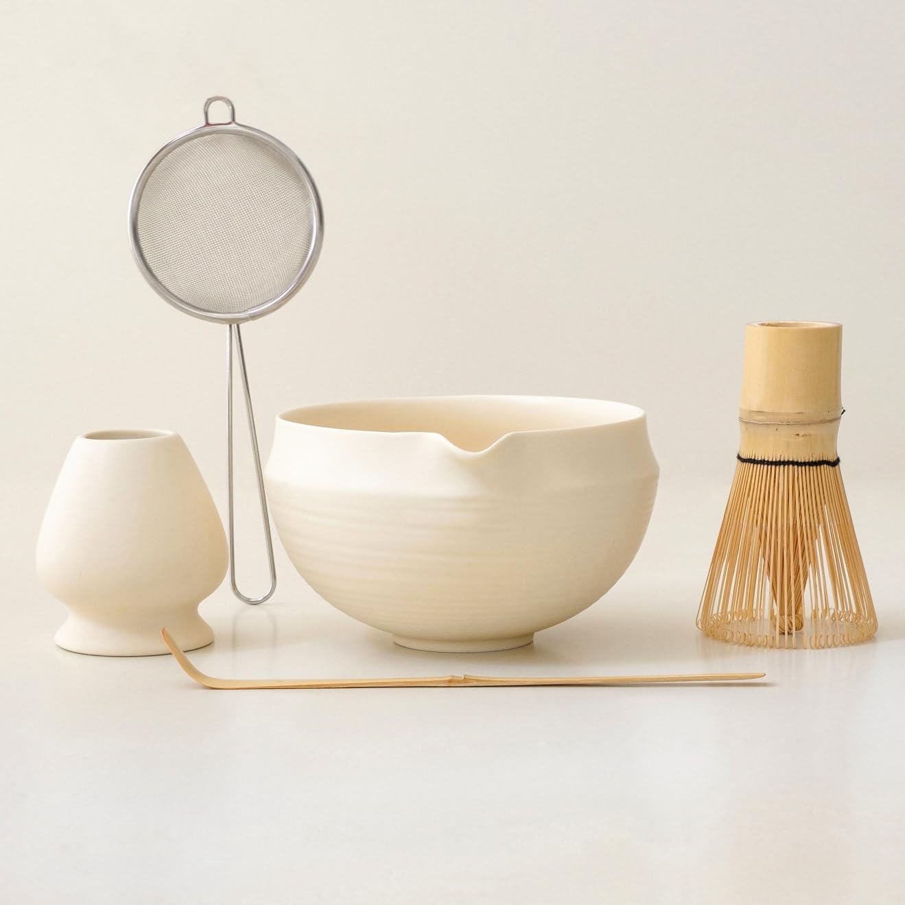 Matcha Set, 5 Pcs Matcha Whisk Set, Matte Buttercream Glaze, 17oz | Elegant Rounded Bowl with Folded Rim, Balanced Weight &amp; Comfortable Size, Gift Box Included