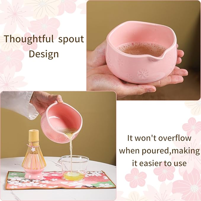 Handcrafted Matcha Bowl Set 8pc - Japanese Style Ceramic Chawan Tea Cups with Floral Art & Wavy Rim | Complete Matcha Tea Ceremony Kit in Premium Gift Box (pink)