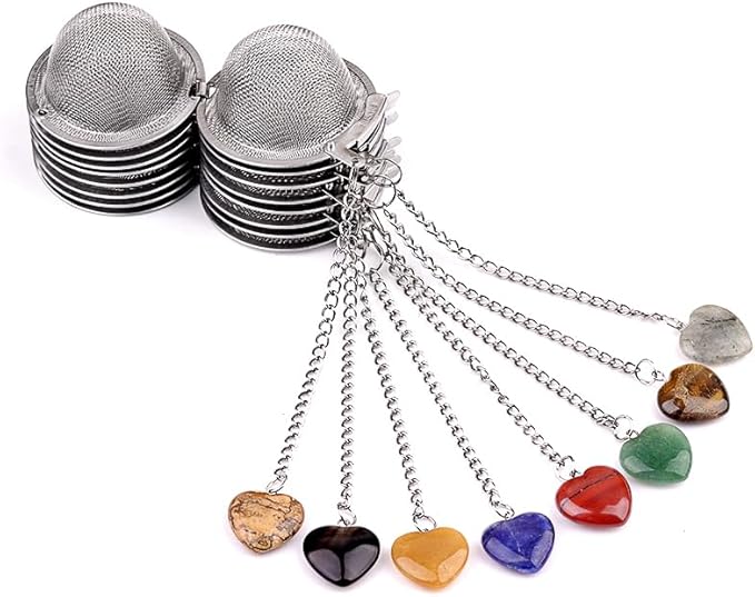 5 Pcs Tea Filter Stainless Steel with Heart Crystal Energy Stone Tea Strainers with Fine Mesh Extend Chain Hook Tea Ball Infuser for Loose Tea Leaves