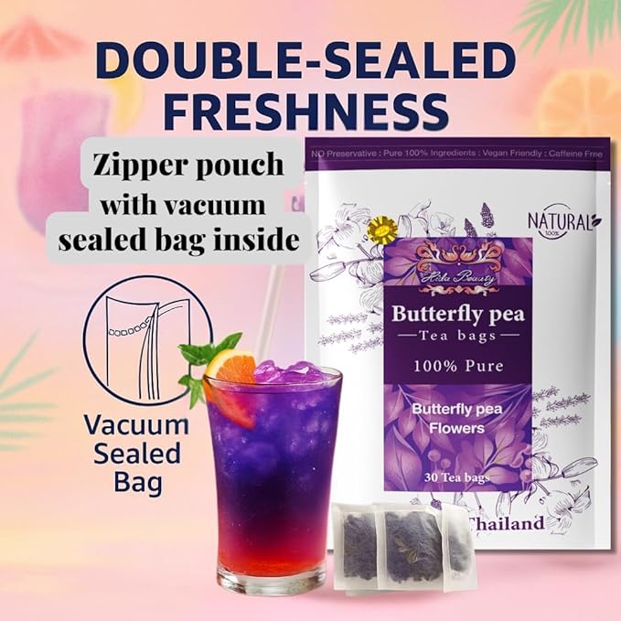 Hida Beauty Premium Dried Butterfly pea flower tea 30 Teabags Herbal Blue colors for drinks hot cool purple violet funness party food bakery pasta