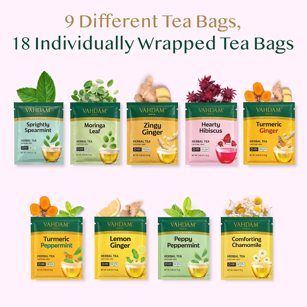 VAHDAM, Assorted Herbal Tea Sampler (18 Tea Bags, 9 Flavors) Caffeine-Free, Non-GMO | Double Infusion, Individually Enveloped Tea Bags | Herbal Tea Assortment | Mother’s Day Tea Gift for Mom
