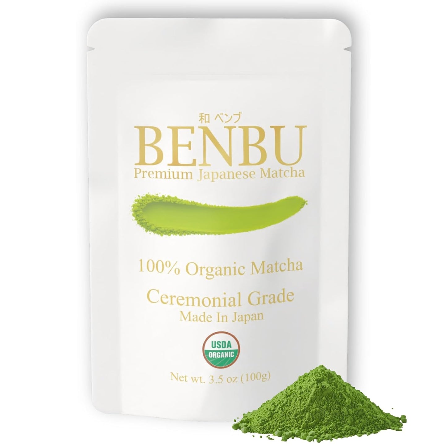 BENBU Matcha Powder - USDA Organic Ceremonial Grade, First Harvest, Stone-Milled in Japan, Authentic Japanese Green Tea, No Additives, 3.5 oz (100g) Pouch