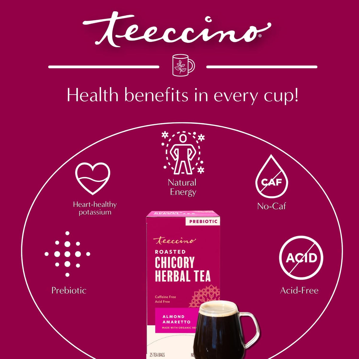 Teeccino Herbal Tea - Almond Amaretto - Rich &amp; Roasted Herbal Tea That's Caffeine Free &amp; Prebiotic for Natural Energy, 25 Tea Bags