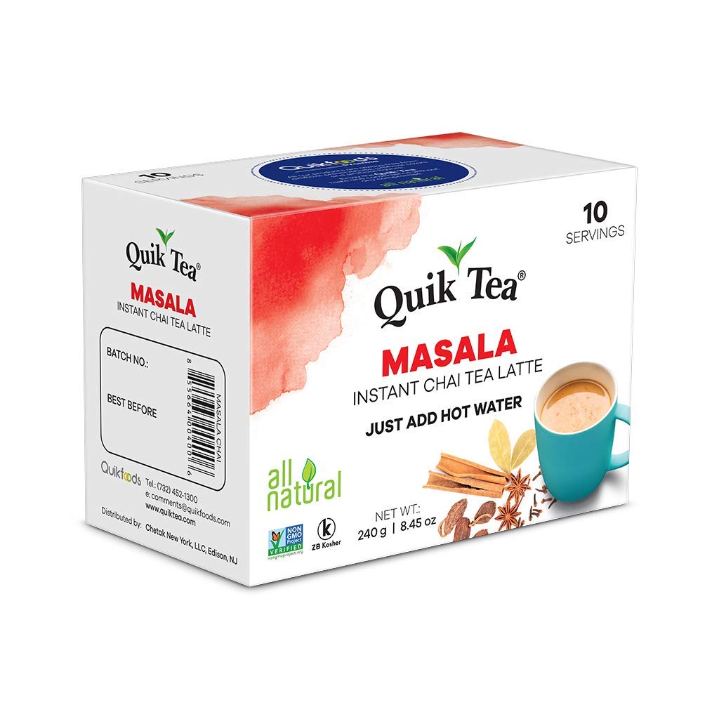 QuikTea 4 flavor Instant Cardamom/Masala/Ginger/Lemongrass Chai Tea Latte Variety Pack, 33.8 Oz, Artisanal Indian Chai Latte Mix, Just Add Hot Water, Low Caffeine, Non-GMO, Gluten Free