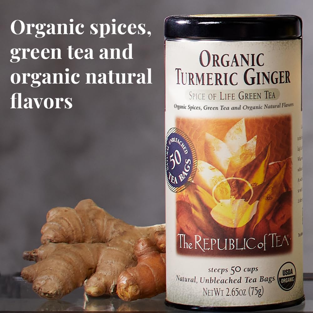 The Republic of Tea Organic Turmeric Ginger Green Tea, Low Caffeine, 50 Ct