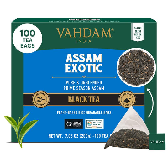 VAHDAM, Assam Exotic Black Tea Bags (100 Count) High Caffeine, Gluten Free, Full Bodied, Pyramid Tea Bags, Strong, Robust & Flavoury