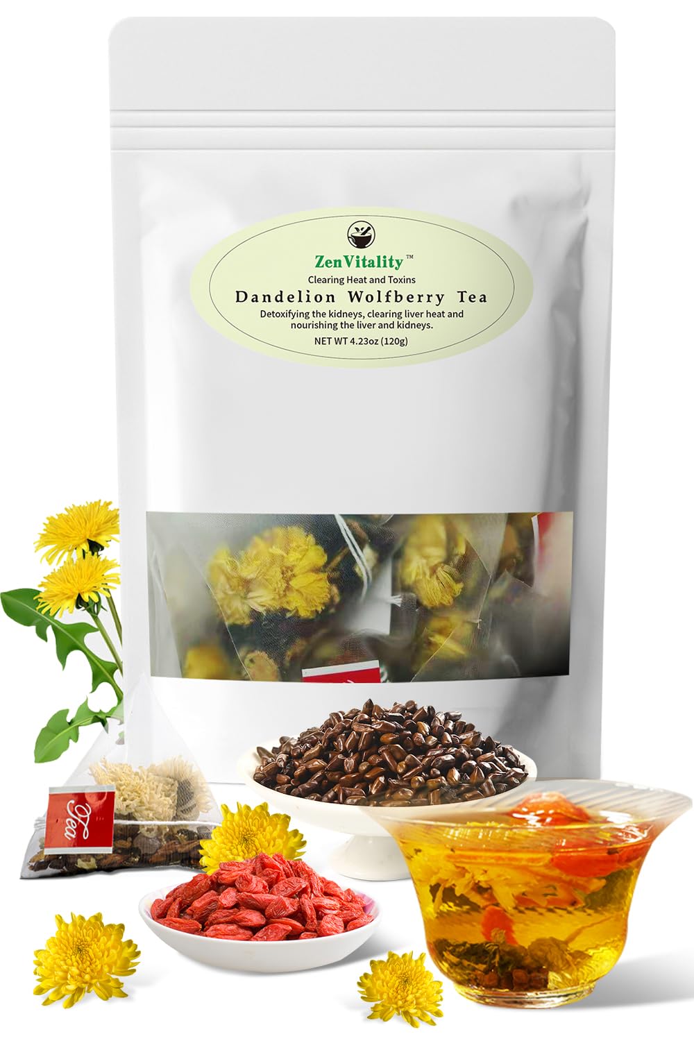 ZenVitality® Organic Dandelion Wolfberry Tea Bags Natural Support Kidney &amp; Liver, Detox &amp; Wellness Tea With Chrysanthemum, Goji Berry, Gardenia, Cassia Seed, Orange Peel, Dandelion Leaf Tea 120g