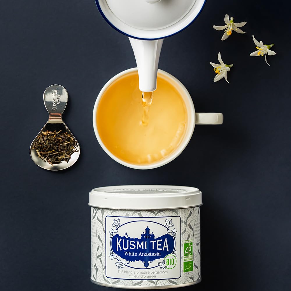 Kusmi Tea - White Anastasia - Organic Blend of White Tea with Bergamot - Smooth, Flavourful Tea - Enjoy Hot or Iced - Loose Leaf Tea - Tin Box of 3.1 oz - Quantity for about 50 cups
