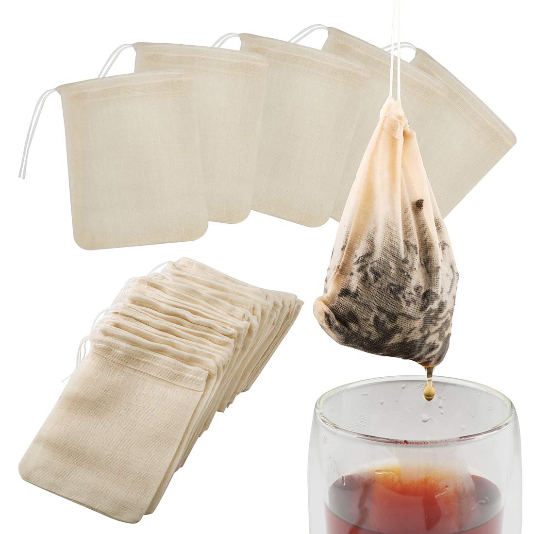 HOUSIM Tea Filter Bags, 50 Pack Empty Reusable Cotton Tea Bag for Loose Leaf Tea