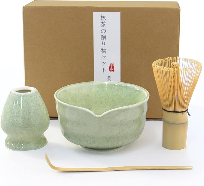 Matcha Whisk Set, Japanese Tea Set includes Matcha Bowl with Spout, Matcha Whisk and Holder, Bamboo Scoop - 4 Pcs Ceremonial Grade Matcha kit for Tea Lovers (Jade Green)