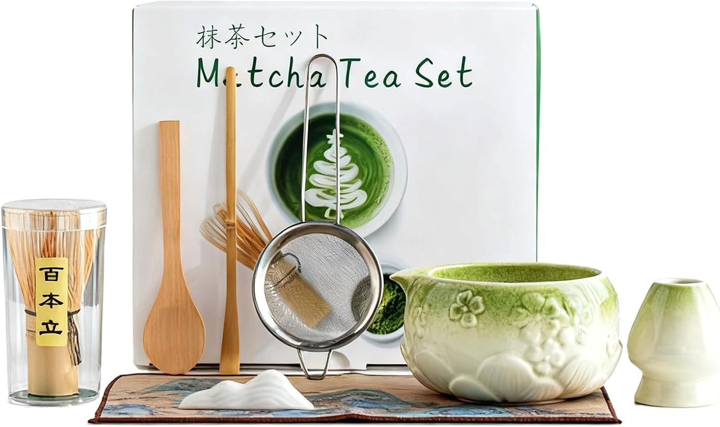 8 Pcs Matcha Whisk Set - Ceramic Matcha Making Kit, Perfect Gifts (Green) | Complete Ceramic Matcha Set, Ceremonial Matcha Tea Kit for Beginners &amp; Tea Lovers