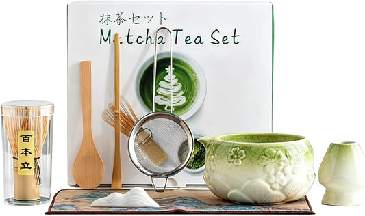 8 Pcs Matcha Whisk Set, Complete Ceramic Matcha Making Kit with 18OZ Bowl, Bamboo Whisk & Holder, Scoop& Scoop Rest, Stainless Sifter, Tea Mat