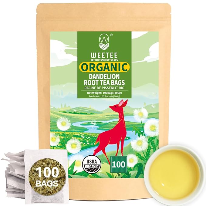 WT Weetee Organic Dandelion Root Tea Bags, Pure Raw Dandelion Root 100 Count, Earthy & Refreshing Herbal Tea