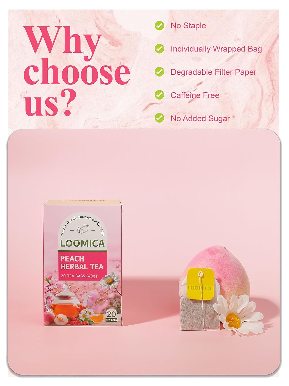 LOOMICA Peach Herbal Tea, Caffeine-Free, Peach Tea Bags with Rosehip, Hibiscus, Chamomile &amp; Orange Peel, Naturally Balanced Sweet &amp; Tangy, Refreshing Fruity Herbal Blend, No Artificial Sugar, 20 Counts