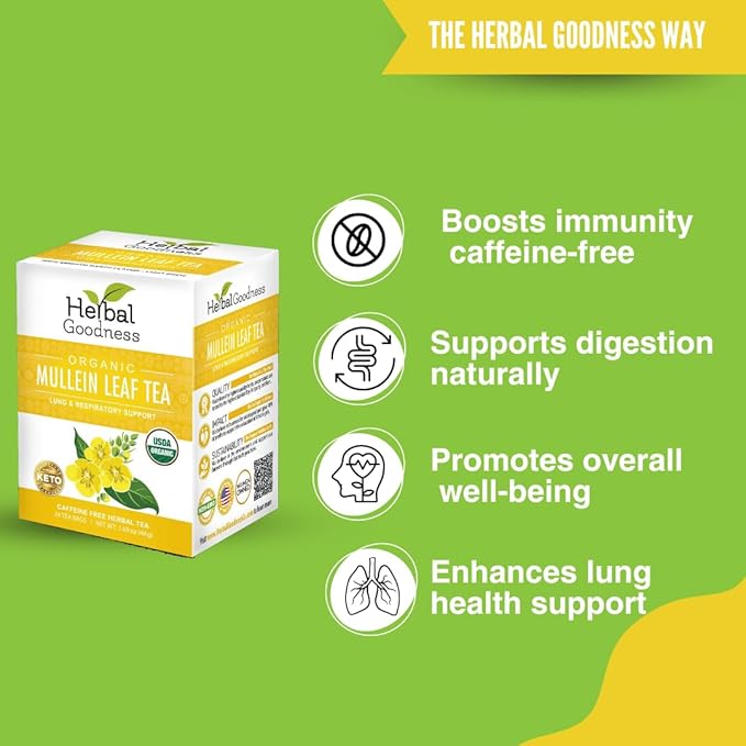 Mullein Leaf Tea - Organic Mullein Tea Bags for Digestive System, Immune System, Supports Overall Health, 24 Mullein Tea bags, Herbal Goodness