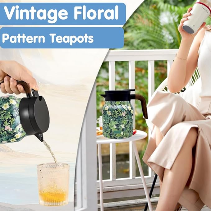 Vintage Floral Pattern Tea Pots – Built-in Infuser,Vintage Floral Teapot with Built In Infuser Stainless Steel Thermal Carafe with Lid for Hot Drinks