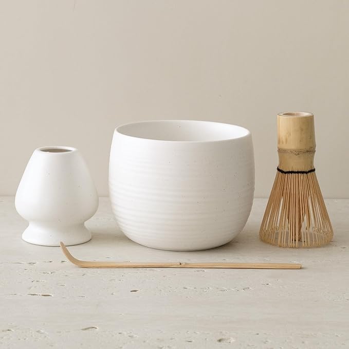 Matcha Whisk Set, Ceramic Matcha Bowl & Whisk Holder, Bamboo Accessory, Modern Design (White, Tradit