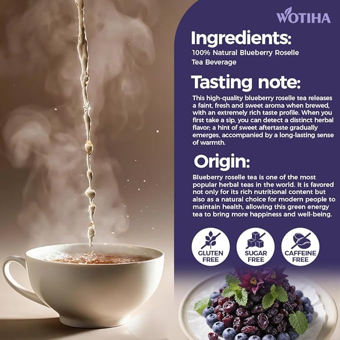 Natural Blueberry hibiscus tea 150g. 2.5gx60 teabags.100% natural ingredients Blueberry hibiscus Herbal tea bags.Additive-Free • Caffeine-Free •
