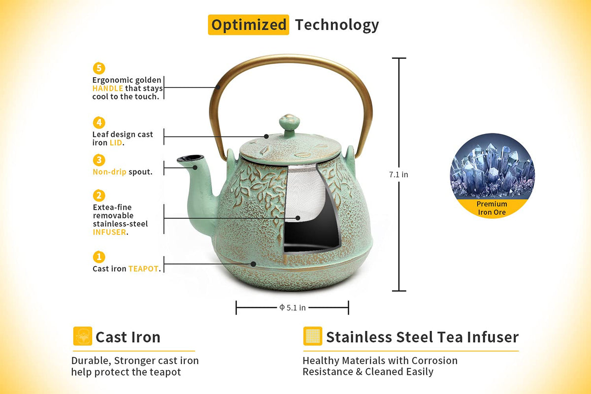TOPTIER Japanese Teapot with Stainless Steel Infuser, Cast Iron Tea Kettle Stovetop Safe, Leaf Design Coated with Enameled