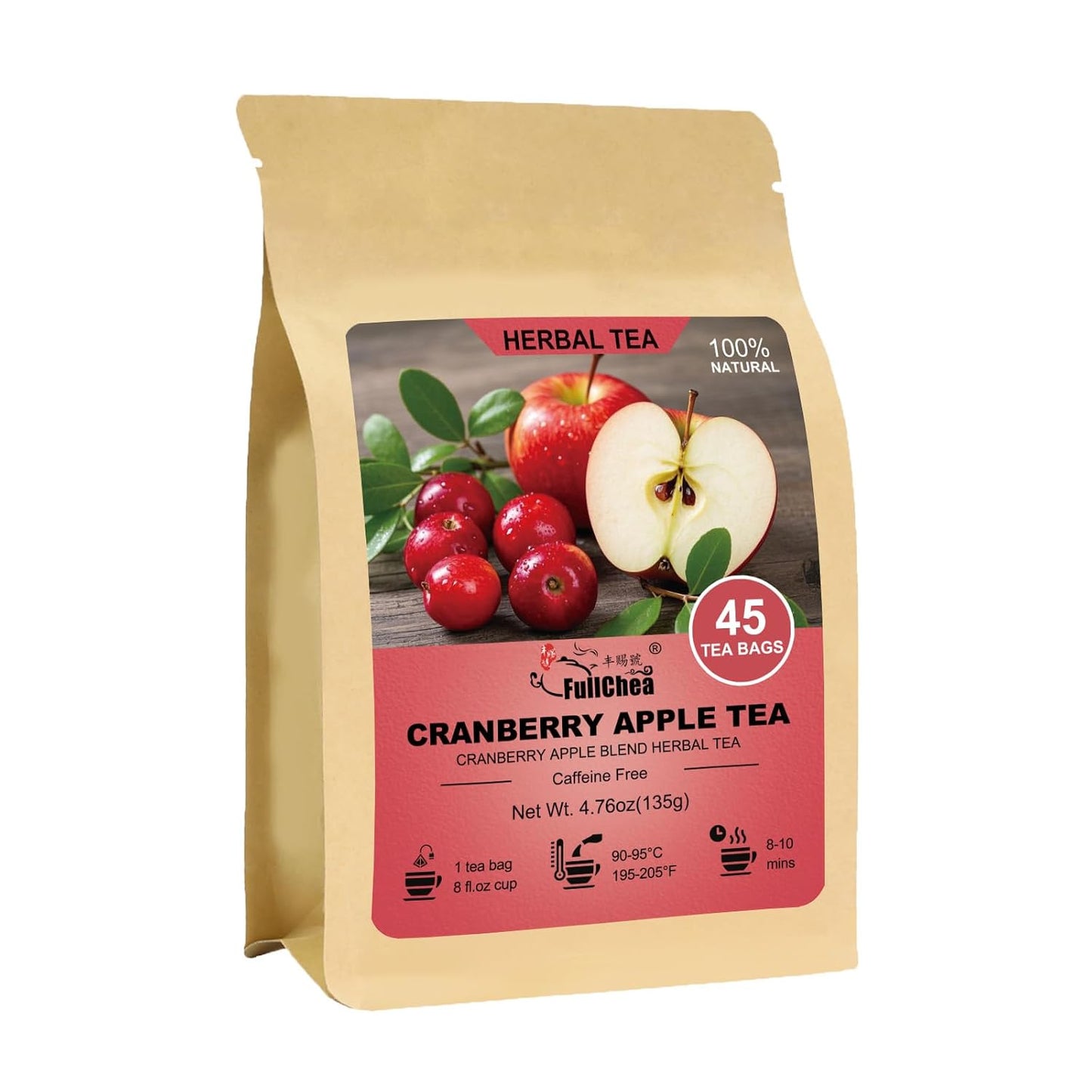 FullChea Cranberry Apple Tea Bags, 45 Counts, Fruit Herbal Blend, Non-GMO
