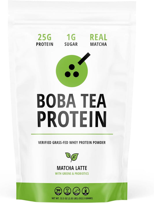 Boba Tea Protein Matcha Latte | 25g Grass-Fed Whey Protein Isolate Powder | Gluten-Free & Soy-Free Bubble Tea Protein Drink | Real Ingredients & Lactose-Free Protein Drink | 25 Servings