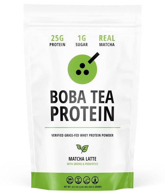 Boba Tea Protein Matcha Latte, 25g Grass-Fed Whey Protein Isolate Powder, Gluten-Free & Soy-Free Bubble Tea Protein Drink