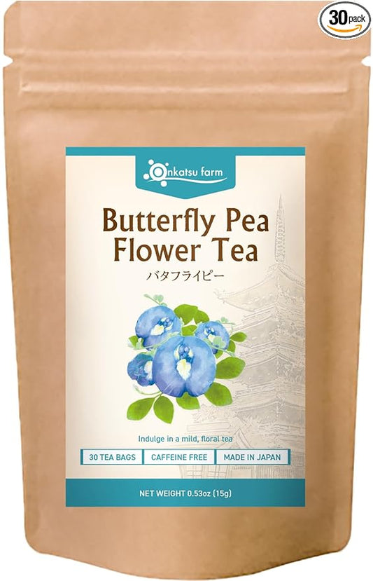 [Onkatsu Farm] Pure Butterfly Pea Flower Tea - 30 Count Unbleached Pyramid Tea Bags - Caffeine Free - Japanese Tea Made In Japan