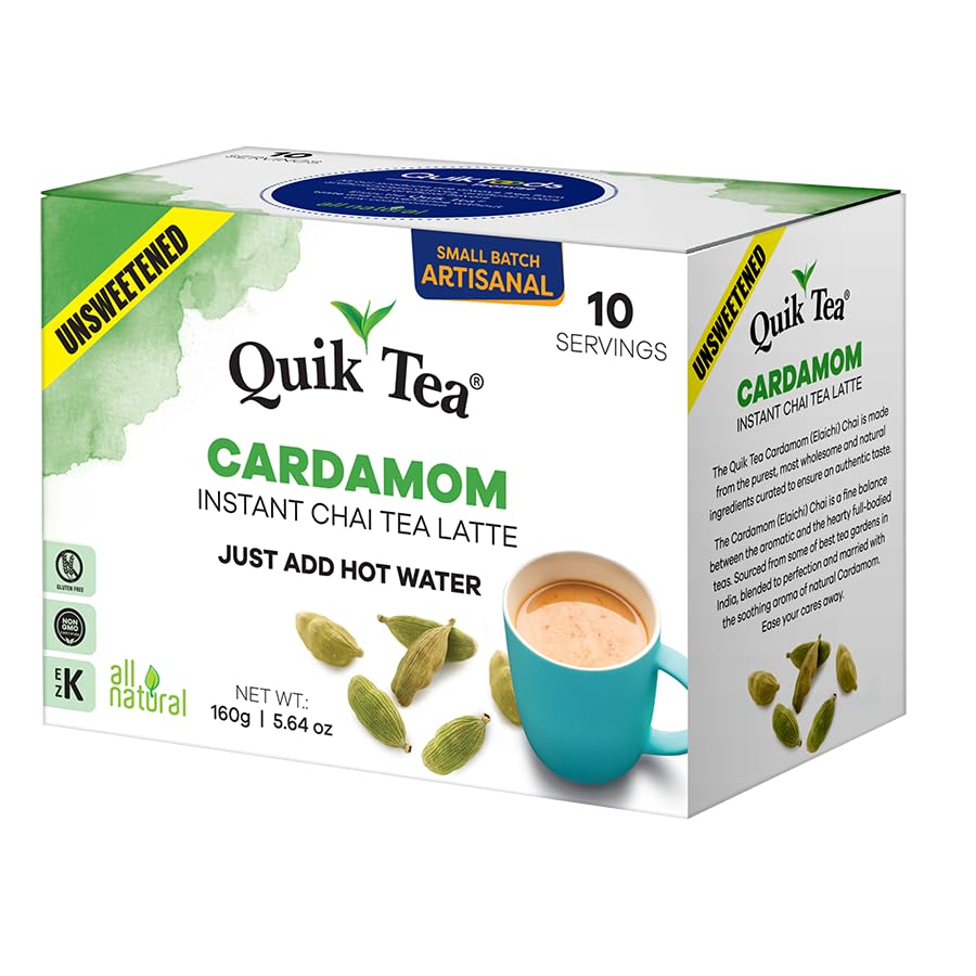 QuikTea Cardamom Unsweetened Chai Tea Latte – 10 Count, Bold Cardamom Flavor, Naturally Caffeine-Light, no preservatives, No Sugar Added – Just Add Hot Water