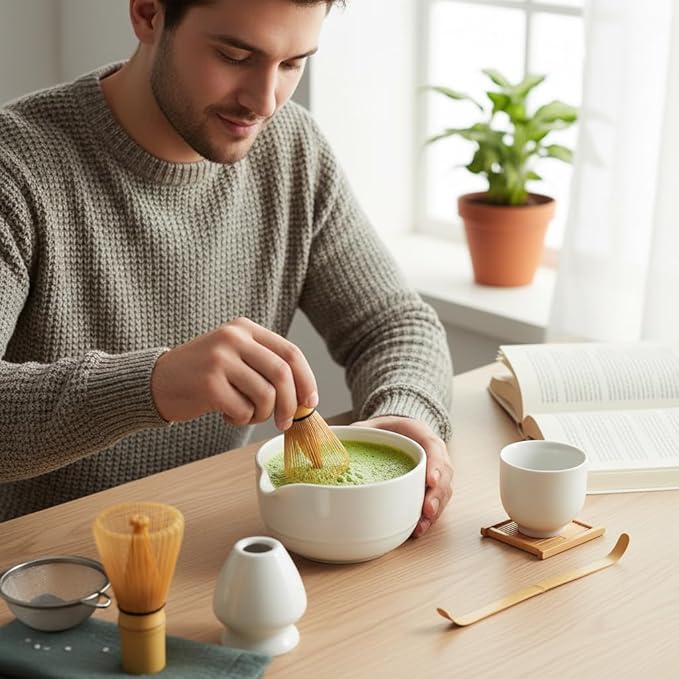 Topchances 7Pcs Matcha Whisk Set,Ceramic Matcha Tea Set Includes Whisk Matcha Bowl Scoop and Whisk with Holder Sifter Towel
