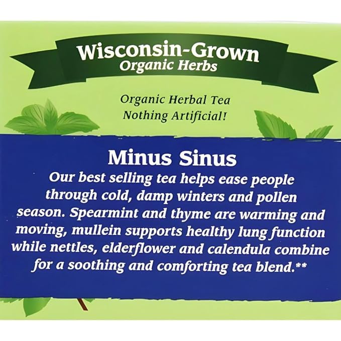 Four Elements Minus Sinus Tea [16 Teabags, 1.2 oz], Organic Spearmint Tea with Mullein & Thyme