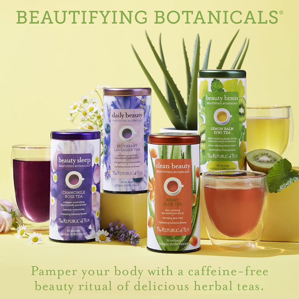 The Republic of Tea Beautifying Botanicals Beauty Brain Herbal Tea, 36 Ct | Caffeine Free. Suitable for day or evening s