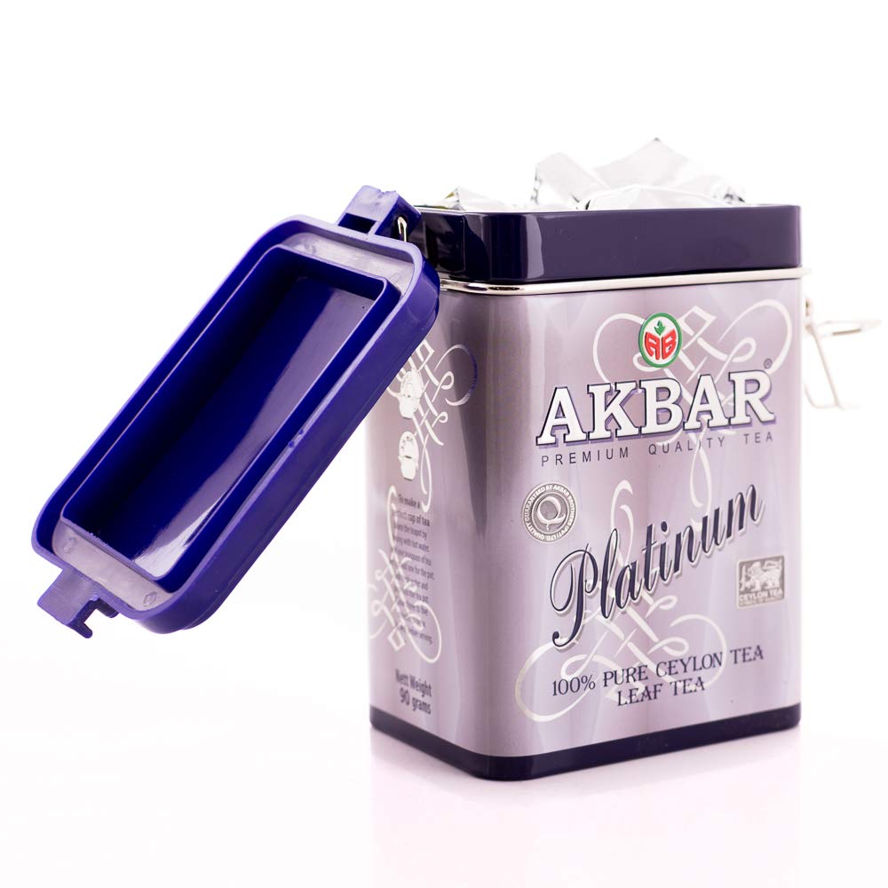 Akbar 100% Pure Ceylon Platinum Leaf Tea Tin (90g) - Premium Orange Pekoe OP1 Black Tea, Vegan, Mountain-Grown Loose Leaves