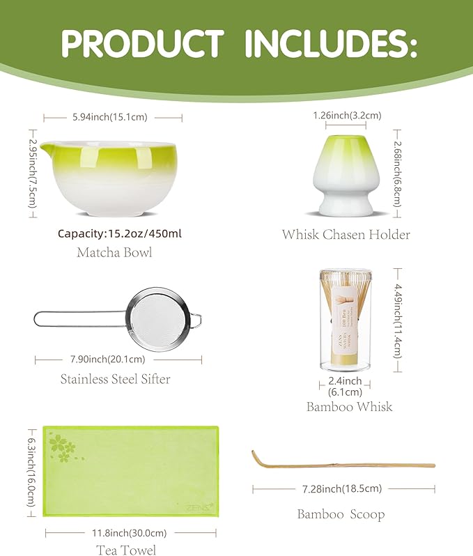 ZENS Matcha Whisk Set, 6pcs Matcha Kit Includes Ceramic Bowl, Handcrafted Bamboo Whisk and Chasen Holder, Scoop, 304 Sifter & Tea Mat，Matcha Set for Tea Ceremony,Latte Making, Green