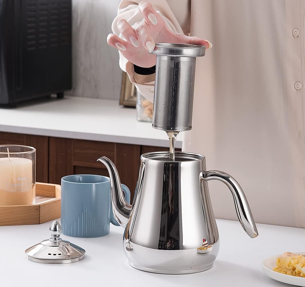 SANQIAHOME Stainless Steel Teapot with strainer Tea Pot With Removable Infuser or filter for Loose Leaf and Tea Bags cold water Pitcher Tea Maker Dishwasher Safe (silver, 1550ml(51Oz))