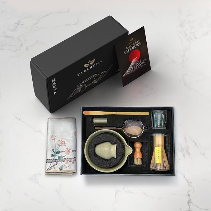 10 Pcs Matcha Whisk Set - 15 OZ Matcha Bowl with Spout and Whisk Holder & Measuring Cup - Bamboo Matcha Scoop and Spoon - Stainless Steel Sifter - Cleaning Brush - Matcha Kit for Japanese Tea Ceremony