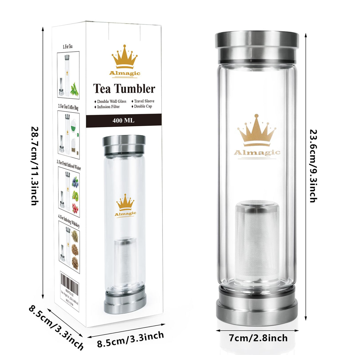 Almagic Tea Infuser Bottle for Loose Leaf Teas, 400 ml / 13.5 fl oz